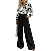 CHICME Women's 2 Pieces Outfit Abstract Print Cowl Neck Lantern Sleeve Crop Top and Wide Leg Pants Set
