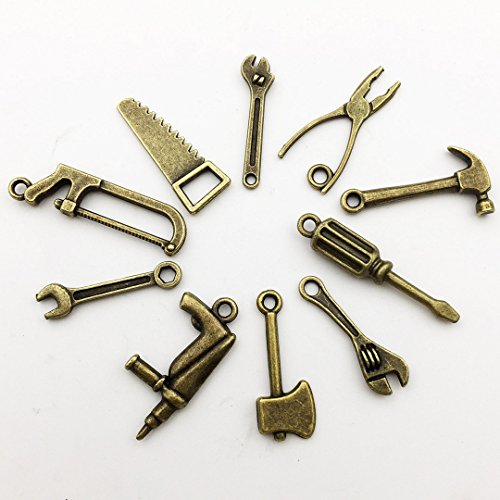 50 PCS Worker 3D Tool Charms Collection - Arm Saw Wrench Spanner Screw Driver Shovel Scoop Hammer Axe Ax Hatchet Chopper Hacksaw Drill Vise Pincer Pliers Metal Pendants (Bronze HM 68)