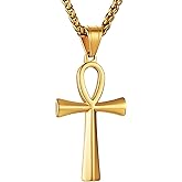 HZMAN Men's Stainless Steel Coptic Ankh Cross Religious Pendant Necklace, 22+2" Rope Chain