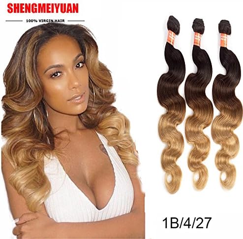 Shengmeiyuan Beauty Brazilian Virgin Hair Body Wave Ombre Hair Weft 3 Bundles Grade9A 100% Unprocessed Human Hair Weave Extensions Fashion Color 3-Tone(1B#/4#/27#) 95-100g/pc (16 18 18)