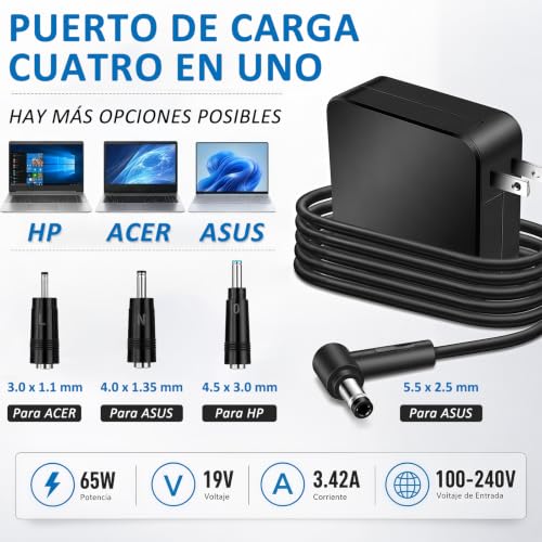 TRYXZSZ Cargador y Adaptadores para Portátil 65W 19V 3.42A, Compatible ASUS/HP/DELL/Acer Portátil, con 3 Convertidores, para ASUS Vivobook 17 X1704/16 X1605 M1605/15 X1502 X1504 X1505/14 X1405 X1404