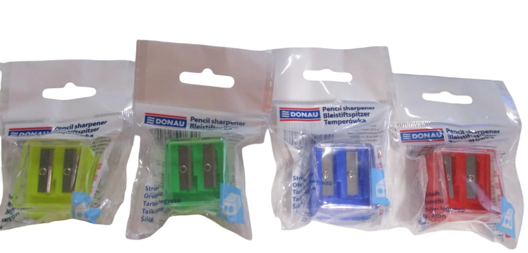 DONAU 7814001-99 Doppel-Anspitzer mit Behälter / 1 Stück/Doppelspitzer/Doppelanspitzer/ 30 x 29 x 42 mm/Mischfarben/Für Kinder Kleinkinder Mädchen Junge Starter, Die Farbe kann variieren.