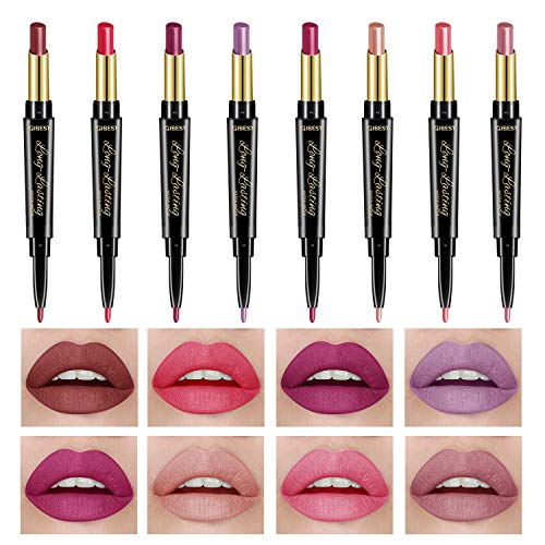 8 Pcs Dual Heads Matte Moist Lipstick Long Lasting Waterproof Mate Lip Liner Pencil Set (Nv)