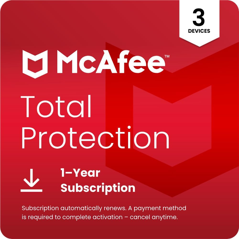 McAfee Total Protection 3-Device | AntiVirus Software 2026 for Windows PC & Mac, AI Scam Detection, VPN, Password Manager, Identity Monitoring | 1-Year Subscription with Auto-Renewal | Download