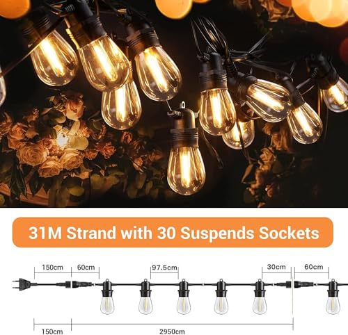 Quntis Outdoor LED Light Chain 31M/102FT Outdoor Garden Lights with 30 + 2 S14 Bulbs IP65 Waterproof Connectable Outdoor Lights for Gazebo Terrace Balcony Party Courtyard Warm White