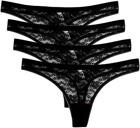 FORTULY Womens Sexy Lingerie Underwear Lace Thong Panties hipster Pack Of 4 (L, Black)