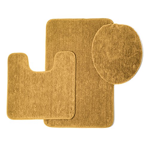 Brandy 3 Piece Solid Frieze Bathroom Rug Set, Bath Mat, Contour, Toilet Seat Lid Cover (Gold)