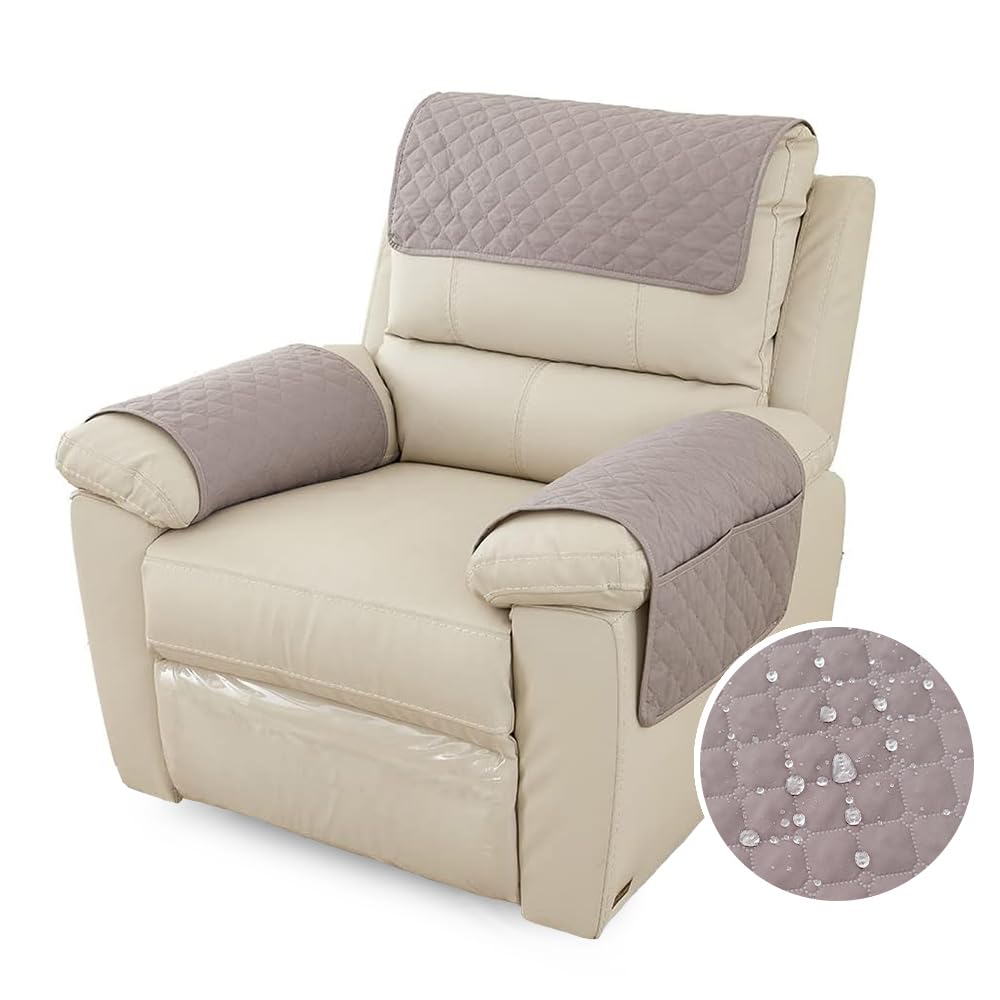 FANSU Armchair Covers for Arms Headrest Cover for Armchair Waterproof Slipcover with Side Pocket Nonslip & Washable & Abrasion Furniture Protector for Cat Dog Pets (1 Seater,Light grey)