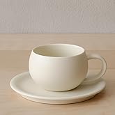 Egg Shape Coffee Mug, Round Teacup with Saucer, Matte Crème, 8oz (Crème)