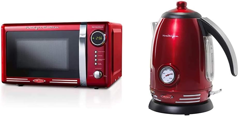 Nostalgia RMO7RR Retro 0.7 cu ft 700-Watt Countertop Microwave Oven, Metallic Red & RWK150 Retro Stainless Steel Electric Water Kettle, Holds 1.7 Liters, Auto-Shut Off & Boil-Dry Protection