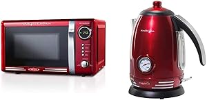 Nostalgia RMO7RR Retro 0.7 cu ft 700-Watt Countertop Microwave Oven, Metallic Red & RWK150 Retro Stainless Steel Electric Water Kettle, Holds 1.7 Liters, Auto-Shut Off & Boil-Dry Protection