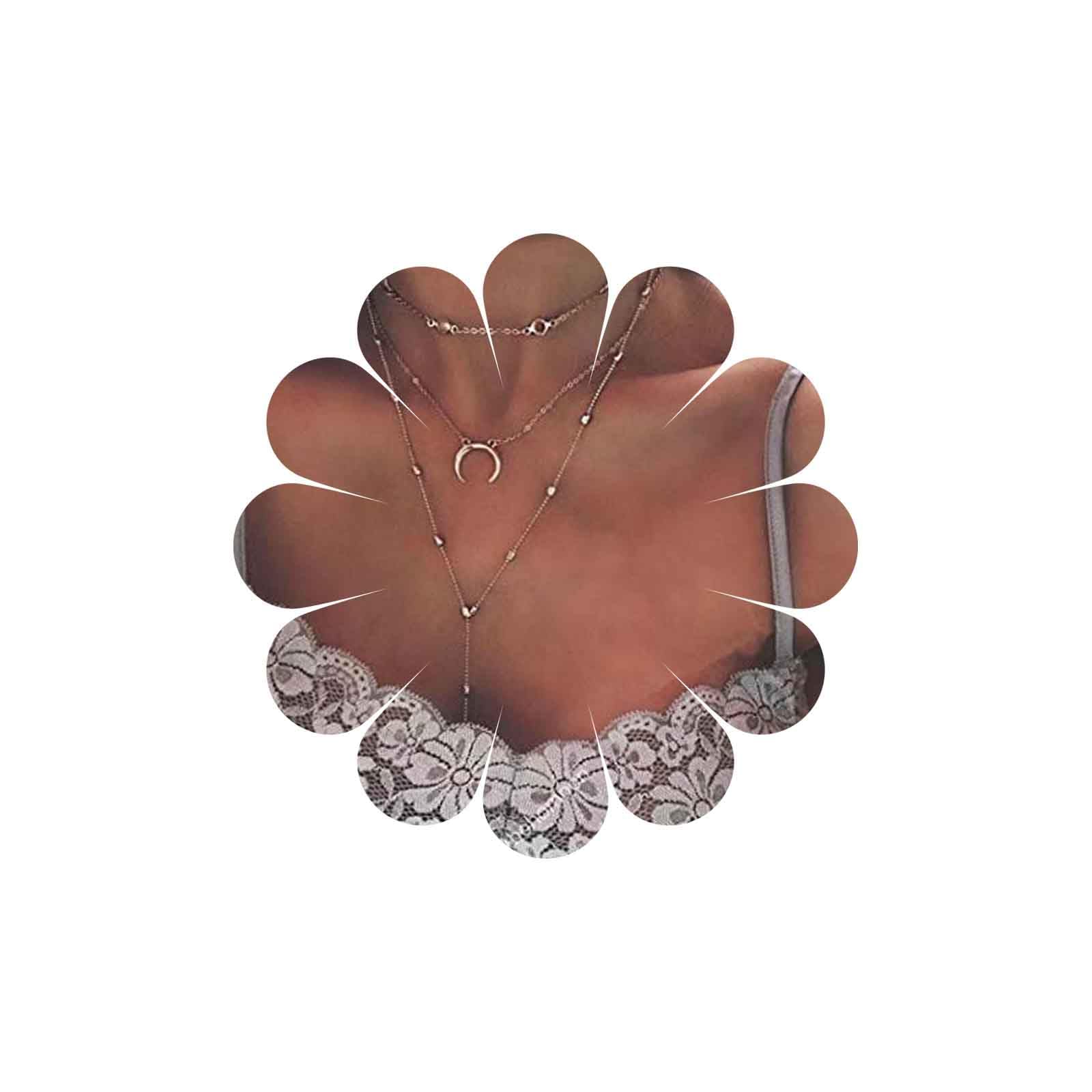 Yienate Bohemia Multilayer Necklace with Moon Rhinestone Pendant Fashion Simple Choker Necklace Silver Chain Jewelry For Woman and Girls