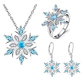 WLL Romantic Blue Rhinestone Snowflake Necklace Earrings Set for Women Winter Crystal Snowflake Flower Necklace Jewelry Christmas Holiday Gift