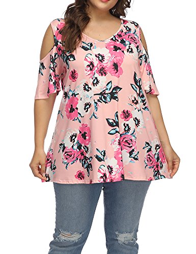 ALLEGRACEWomen's Plus Size Summer Cold Shoulder Tunic Top Short Sleeve Tunics V Neck T Shirts