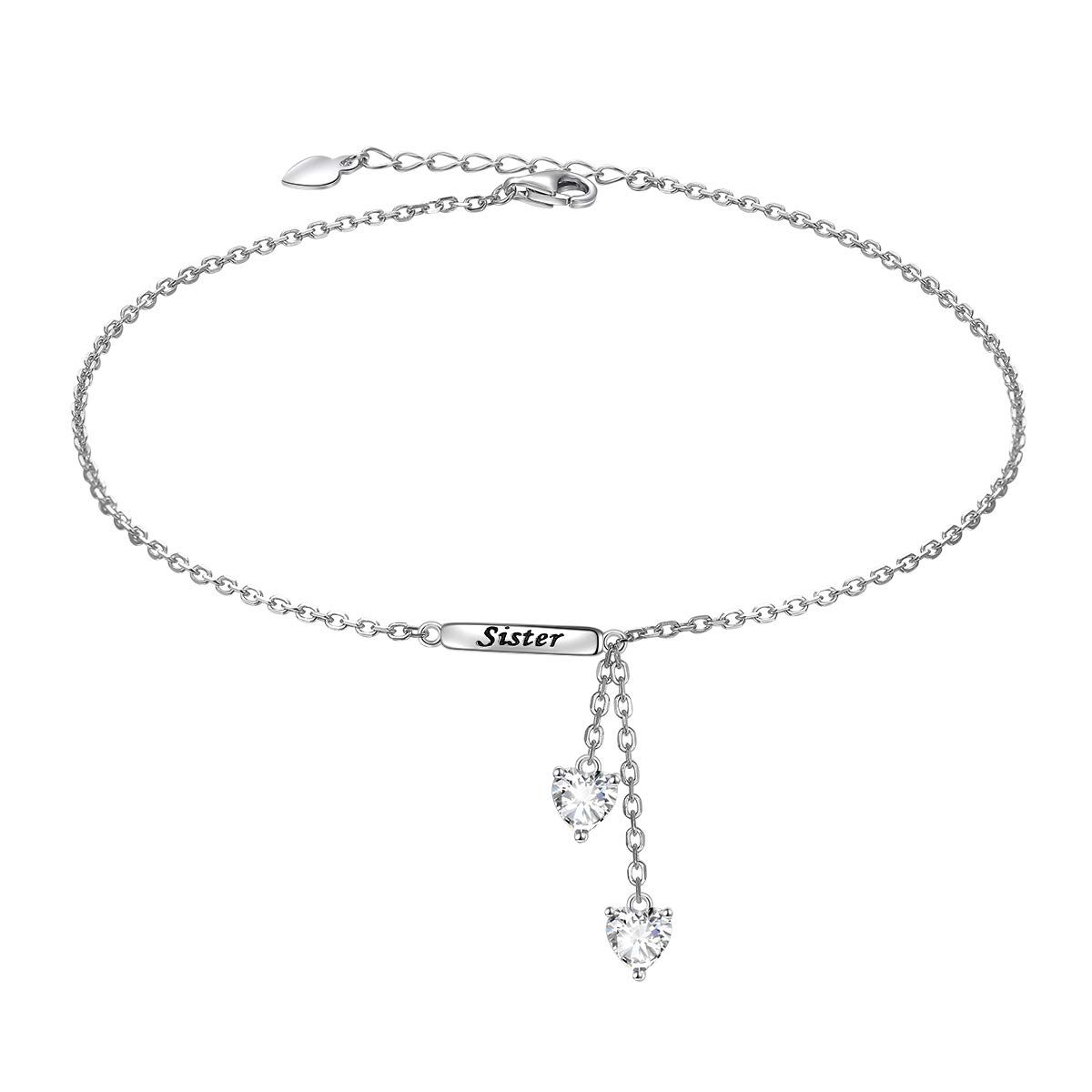 Flyow Sister Heart Anklets Sterling Silver Double Heart Forever Sisters Foot Ankle Bracelet Anklets, 9+1 inches (Sister Heart)