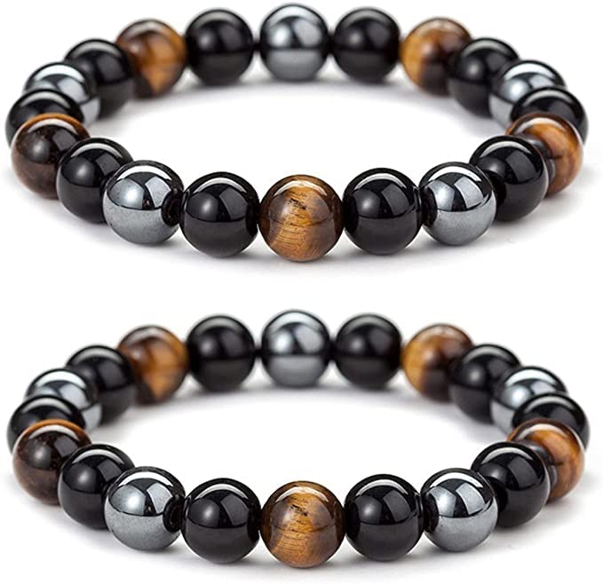 WFJ Black Obsidian Hematite Triple Protection Bracelets Set - Tiger Eye Beaded Natural Stone Bracelet for Men Women Gemstone (10MM)