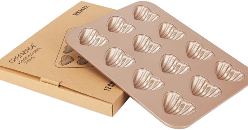 CHEFMADE Madeleine Mold Cake Pan, 12-Cavity Non-Stick Heart Scallop Madeline Bake Ware,Oven Baking (12 Heart Madeleine - Golden)