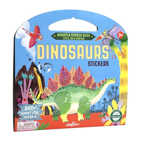 eeBoo Dinosaur Shiny Sticker Book - 200+ Dinosaur Stickers, 3 Sizes, 12 Page Book with Handle, Screen-Free Creative Play, Kids Ages 3+