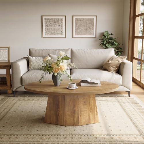 Oval Coffee Table, 47-Inch Living Room Table with Polygonal Pedestal, Modern Center Accent Furniture, Child-Friendly, Easy Assembly, Yellowish Brown
