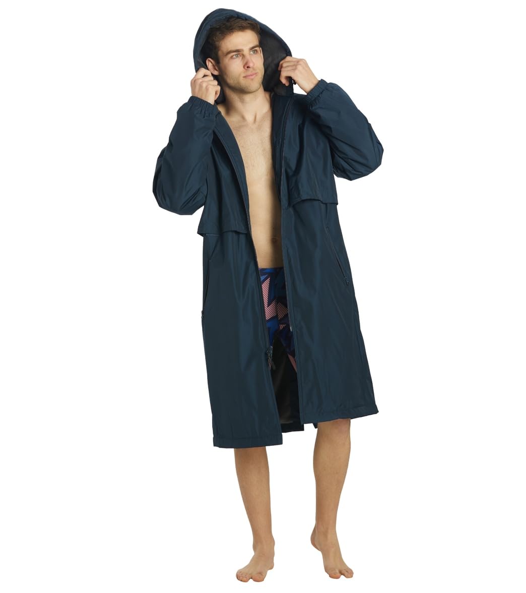 Photo 1 of Sporti Unisex Fleece-Lined Swim Parka – Water-Resistant Hooded Swim Coat with Breathable Vent, UPF 50+ & Pockets, Warm Jacket for Adult Swimmers - Navy Shell/Charcoal Lining - XX-Large