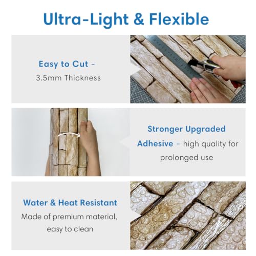 COMSTICKC 3D Stone Adhesive Panels, Brown, 10 Pieces 30 x 30 cm, 3D Brick Wall Stickers, PVC Faux Stone Panel for Decorative Interior Walls Kitchen, Bathroom, Living Room