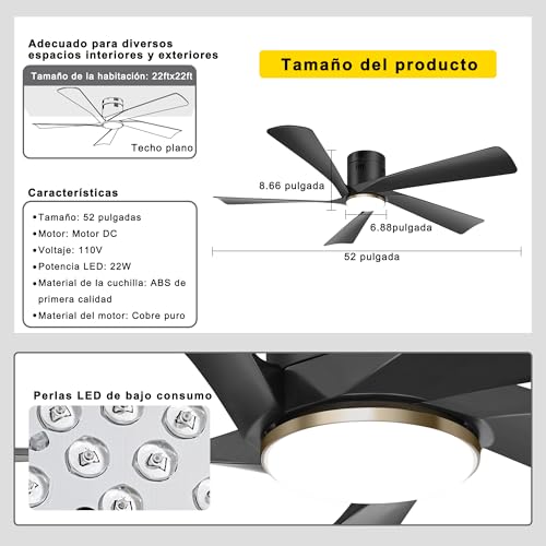 Ohniyou Ventilador de Techo de 52" con Luces LED, Mando a Distancia y Control APP, Ventiladores de Techo de Exterior de Montaje Empotrado, Luz Regulable, Motor DC Silencioso, Reversible, Negro
