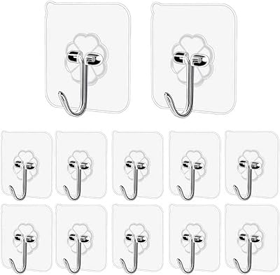 Pubiao Self Adhesive Hooks Heavy Duty Invisible 12 Pack for Kitchen Bath Hall