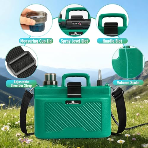 Battery Powered Sprayer 2 Gallon, Rechargeable Electric Garden Sprayer with 3 Speeds Displayed, Battery Indicator, 4 Mist Nozzles, Retractable Wand, Adjustable Shoulder Strap for Lawn Yard and Garden