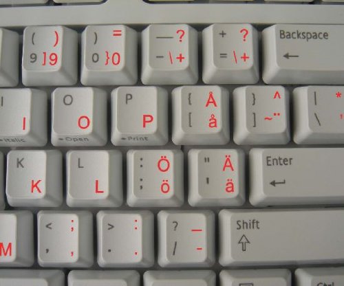 SWEDISH - FINNISH KEYBOARD STICKERS WITH RED LETTERING ON TRANSPARENT BACKGROUND