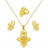 N-Made Beautifull Ethiopian Jewelry - Ethiopian Jewelry for Women Set - Etiopian Jewelry - Ethiopian Cross Jewelry Sets Necklace Earrings Ring for Women Gold Color Eritrean African Bridal
