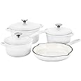 Basque Enameled Cast Iron Cookware Set (Blanc White), 7-Piece Set, Nonstick, Oversized Handles, Oven Safe; 10.25" Skillet, 2QT Saucepan, 2.25QT Small Dutch Oven, 4.75QT Large Dutch Oven