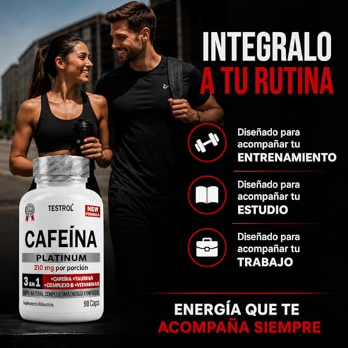 Cafeína Platinum 210mg | Fórmula con Taurina, Magnesio y Complejo B | Preentreno | Energía y Enfoque | Cafeina capsulas Testrol | 90 Cápsulas