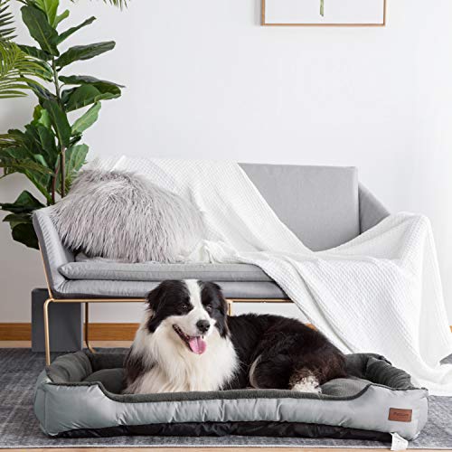 Petsure Dog Bed - Cozy Cuddler with Comfortable Bolster, Ideal for X-Large Dogs - Grooved Nonslip Pet Bed with Hook and Loop - Machine Washable, XXL Dog Bed (37.4"x27.6"x6.3"), Grey