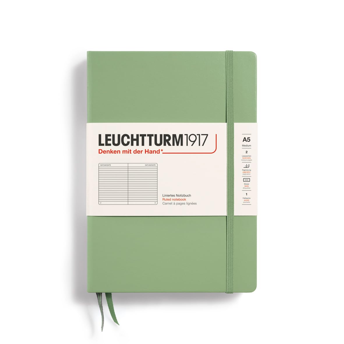 LEUCHTTURM1917 Notebook Medium (A5), Hardcover, 251 Numbered Pages Sage, Ruled