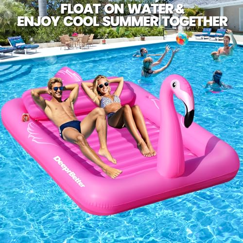 DeeprBetter Swimming Pool Mat for Adults, Flamenco Inflatable Pool Mat with Coasters, Large Inflatable Pool Mat 205 x 150 cm, Floats for Adults Pools with Pillow Beach Mats