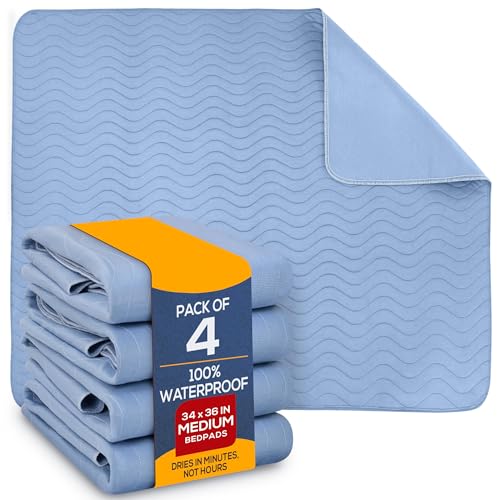 Waterproof Incontinence Bed Pads, 91 x 86cm, Pack of 4, Blue, Washable and Reusable Underpads for Adults, Elderly, and Pets, Absorbent Protective Bedding