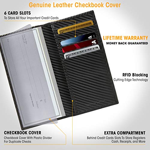 Genuine Leather Checkbook Cover For Women & Men - Checkbook Holder Check Book Covers For Duplicate Checks Card Wallet RFID