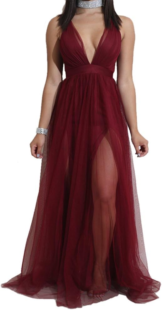 Truda Morse Sexy Women Dresses Strap Sleeveless Deep V-neck Lace Mesh Evening Party Maxi Long Dresses