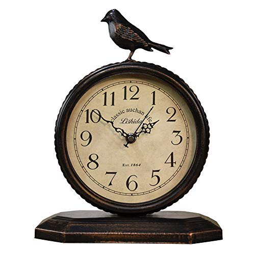 SHISEDECO Vintage Cottage Metal Table Clock with Bird, Retro Mantel