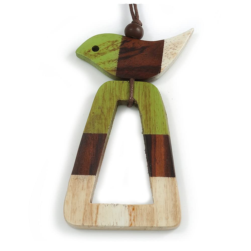 Avalaya Lime Green/Brown/Antique White Bird and Triangular Wooden Pendant Brown Cotton Cord Long Necklace - 90cm L/ 11cm Pendant