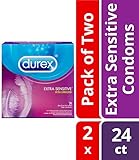 Durex Extra Sensitive Condoms, Extra Lubricated- Ultra Fine, Natural Latex Male Condoms With Extra Lube To Heighten Sensation and Pleasure With Reservoir Tip, HSA Eligible, 24 Count (Pack of 2)
