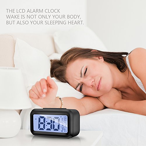 Alarm Clock Digital LCD Large Display Battery Operated Portable Modern Smart Snooze Silent Backlight Senor Date Time Temperature Clock for Heavy Sleepers Bedroom Kitchen Office Travel (black) - Thumbnail 5