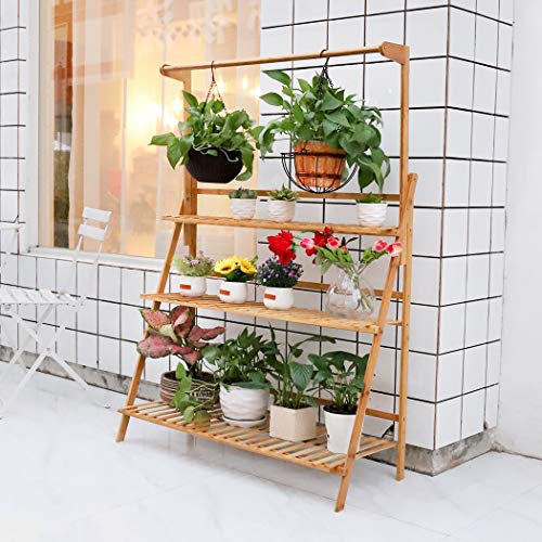 unho Bamboo Hanging Plant Stand 3 Tier Ladder Flower Pot Display