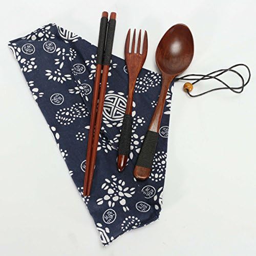 Tmarton Japanese Portable Reusable Natural Wooden 3 In 1 Chopsticks Spoon Fork Tableware Set