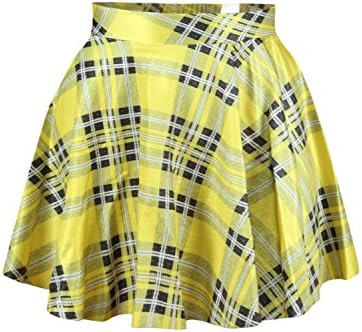 Wildestdream Womens Mini Stretchy Flared Pleated Skater Skirt Yellow Plaid