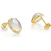 Sterling Silver Chalcedony Stud Earrings White Gemstone Yellow Earring Round Studs Small Vintage Gifts for Women