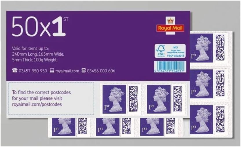 Royal Mail 50 x 1st Class Barcoded Stamps Plum Purple 100g Max