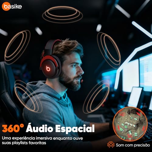 Basike Fone de ouvido jogos para PC - Headset Gamer Pro Ba-FON340 com Microfone, Modo FPS/Música, com som surround 7.1, Falante de 50mm, USB Compatível com Win7/10/11/MAC/PS4/PS5 (Preto)