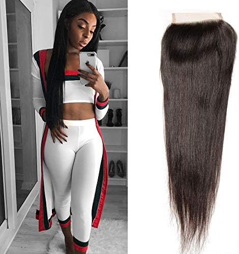 Dinoce Compatible with Longqi Hair Brazilian Straight Hair Lace Closure 12Inch Free Part 4x4 Lace Hand Tied Remy Silky Straight Mink Hair 130% Density Natural Color