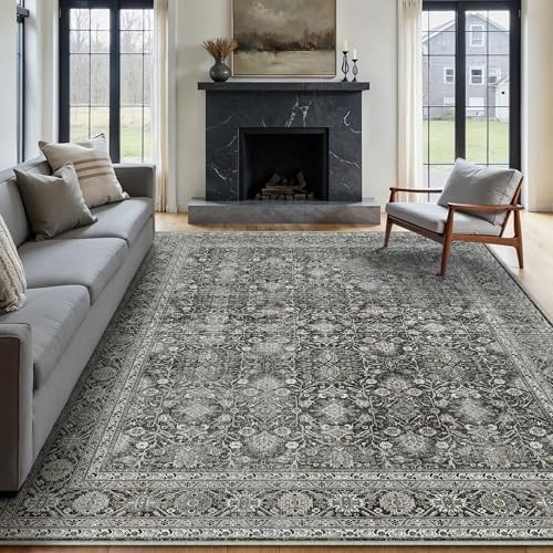 HUGEAR Vintage Waschbarer Teppich Wohnzimmer 240x300cm Schwarz Retro Rugs for Living Room Weich rutschfest Groß Tepich Kurzflor Schlafzimmer Carpet Li